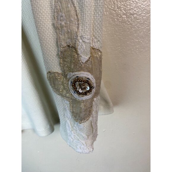 Free People Heart on Sleeve Thermal Knit Top Sz Medium Cream Lace Beaded Floral - Picture 9 of 16